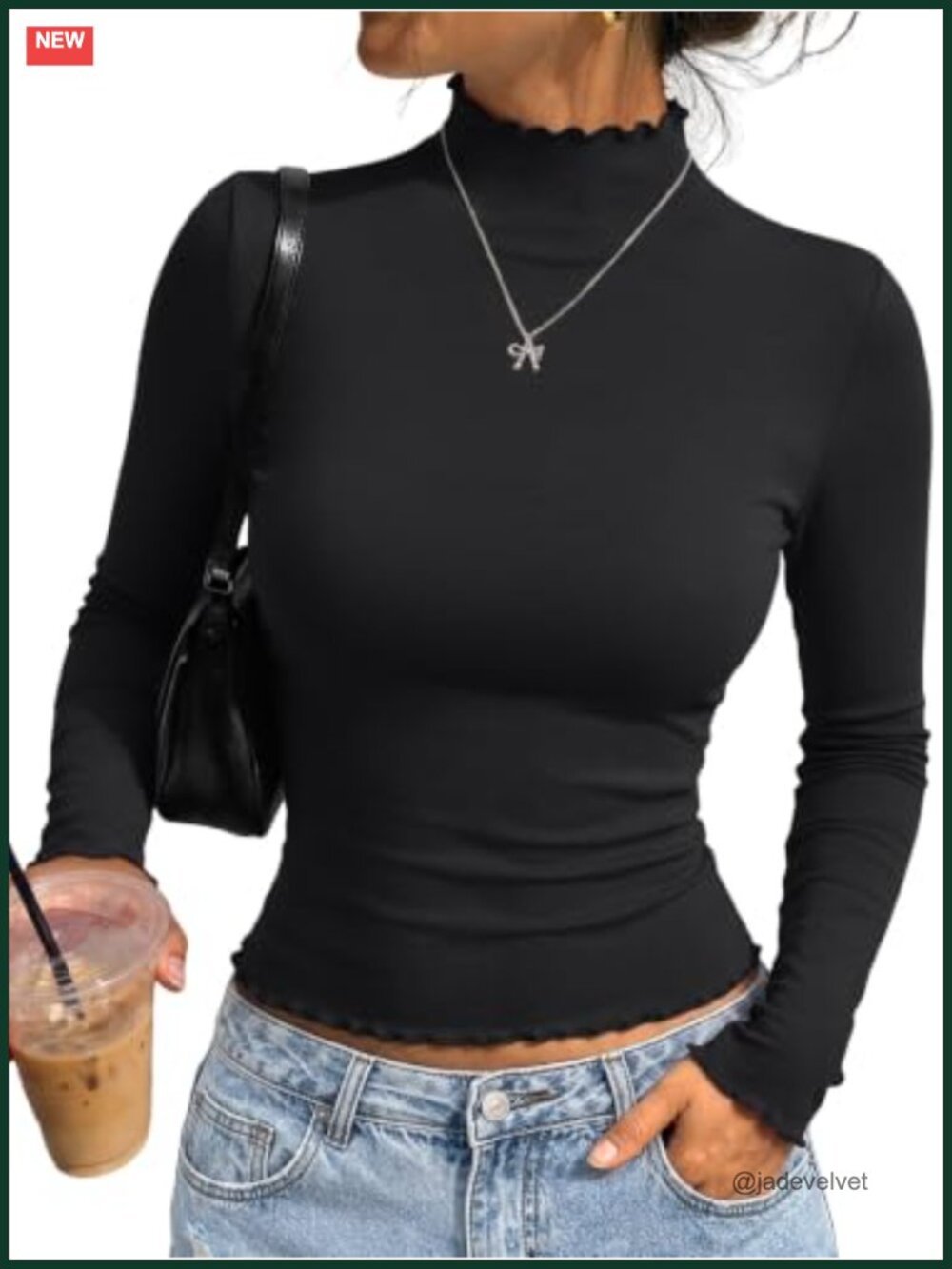 Womens Mock Neck Crop Top Lettuce Trim Long Sleeve Ribbed Stretch T-Shirt
